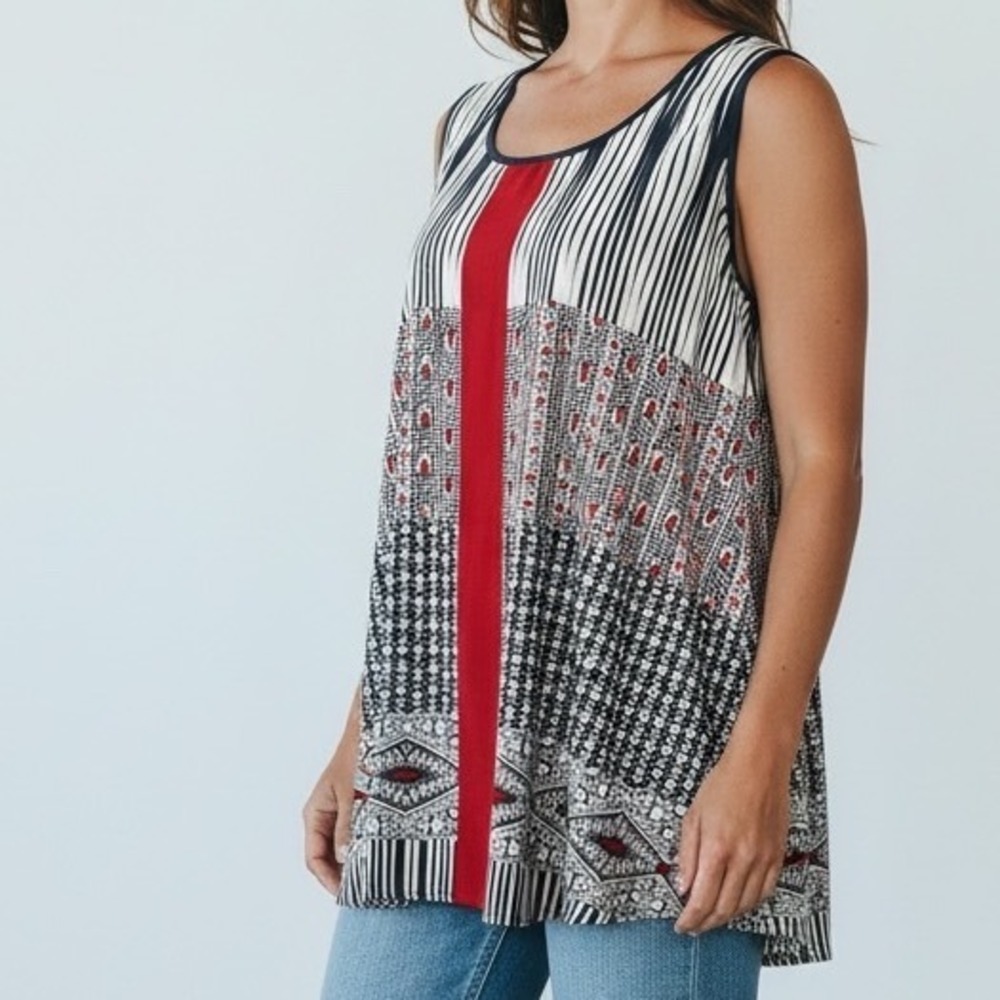 Alfani Womens Mixed Print Sleeveless Blouse Navy Red White Size 12 Zipper Back
